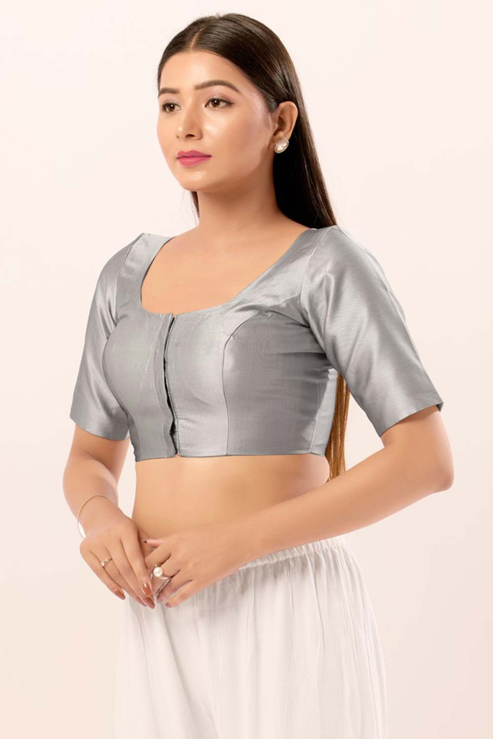 Grey Brocade Round Neck Elbow Sleeves Blouse