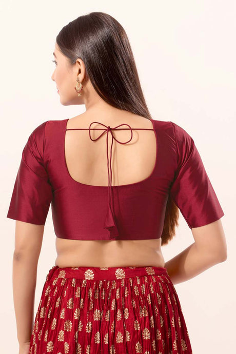 Maroon Brocade Round Neck Elbow Sleeves Blouse