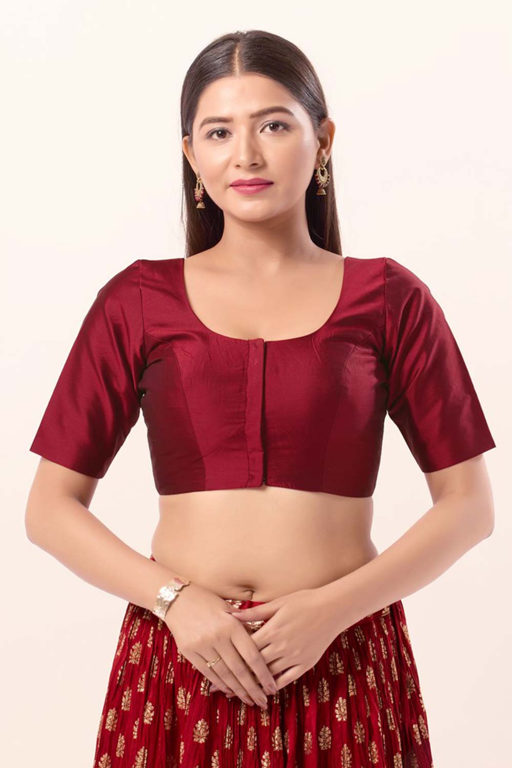 Maroon Brocade Round Neck Elbow Sleeves Blouse