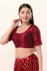 Maroon Brocade Round Neck Elbow Sleeves Blouse