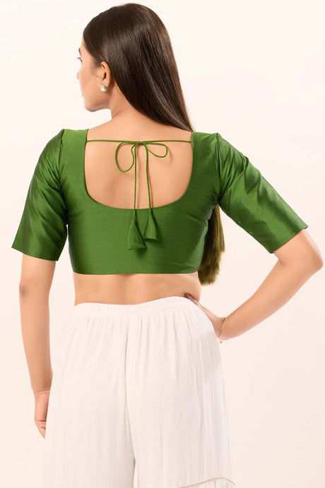 Olive Brocade Round Neck Elbow Sleeves Blouse