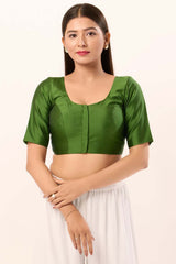 Olive Brocade Round Neck Elbow Sleeves Blouse