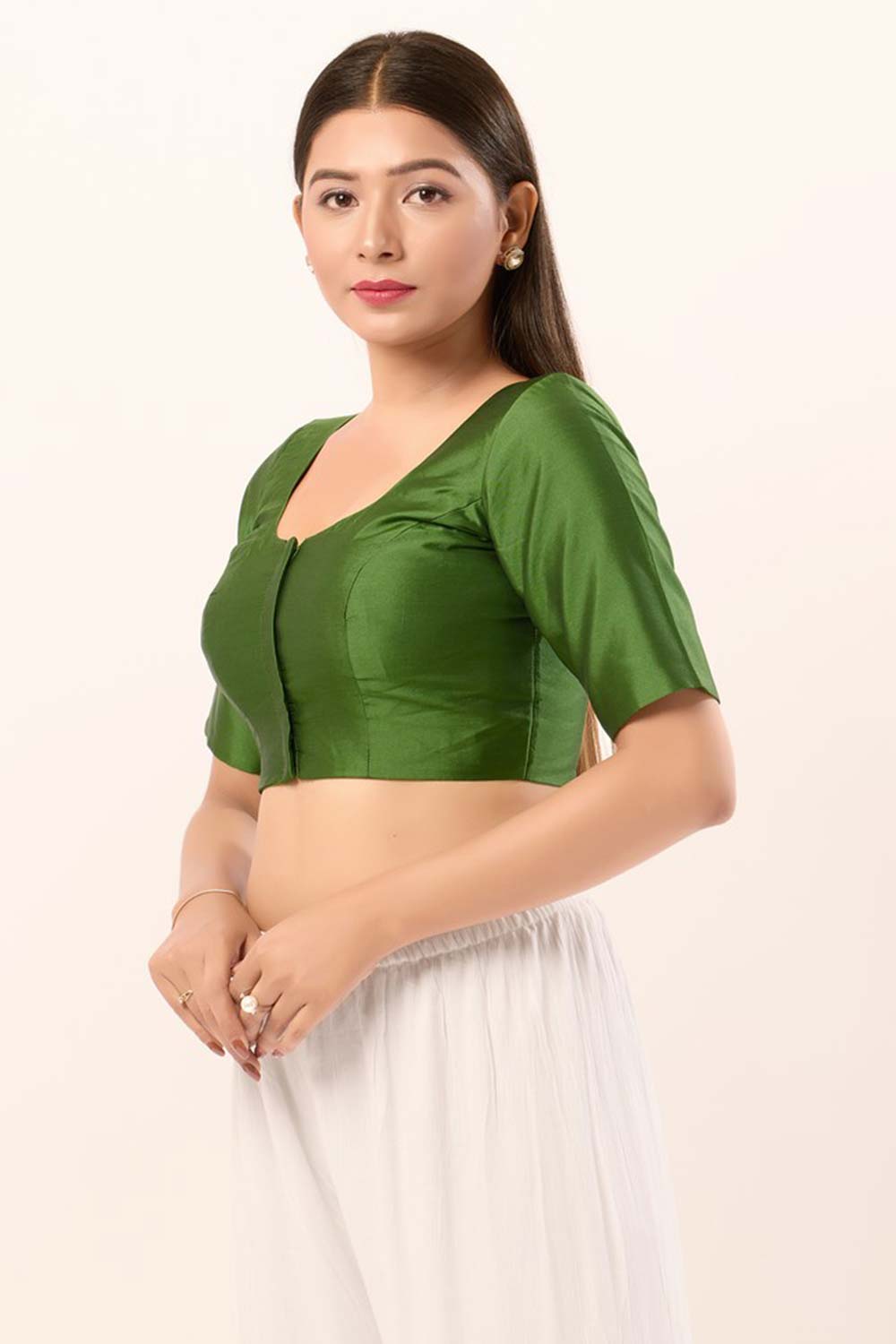 Olive Brocade Round Neck Elbow Sleeves Blouse