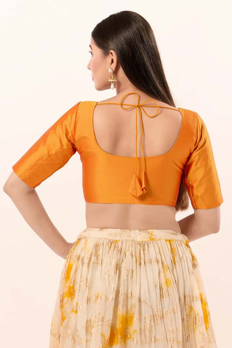 Mustard Brocade Round Neck Elbow Sleeves Blouse