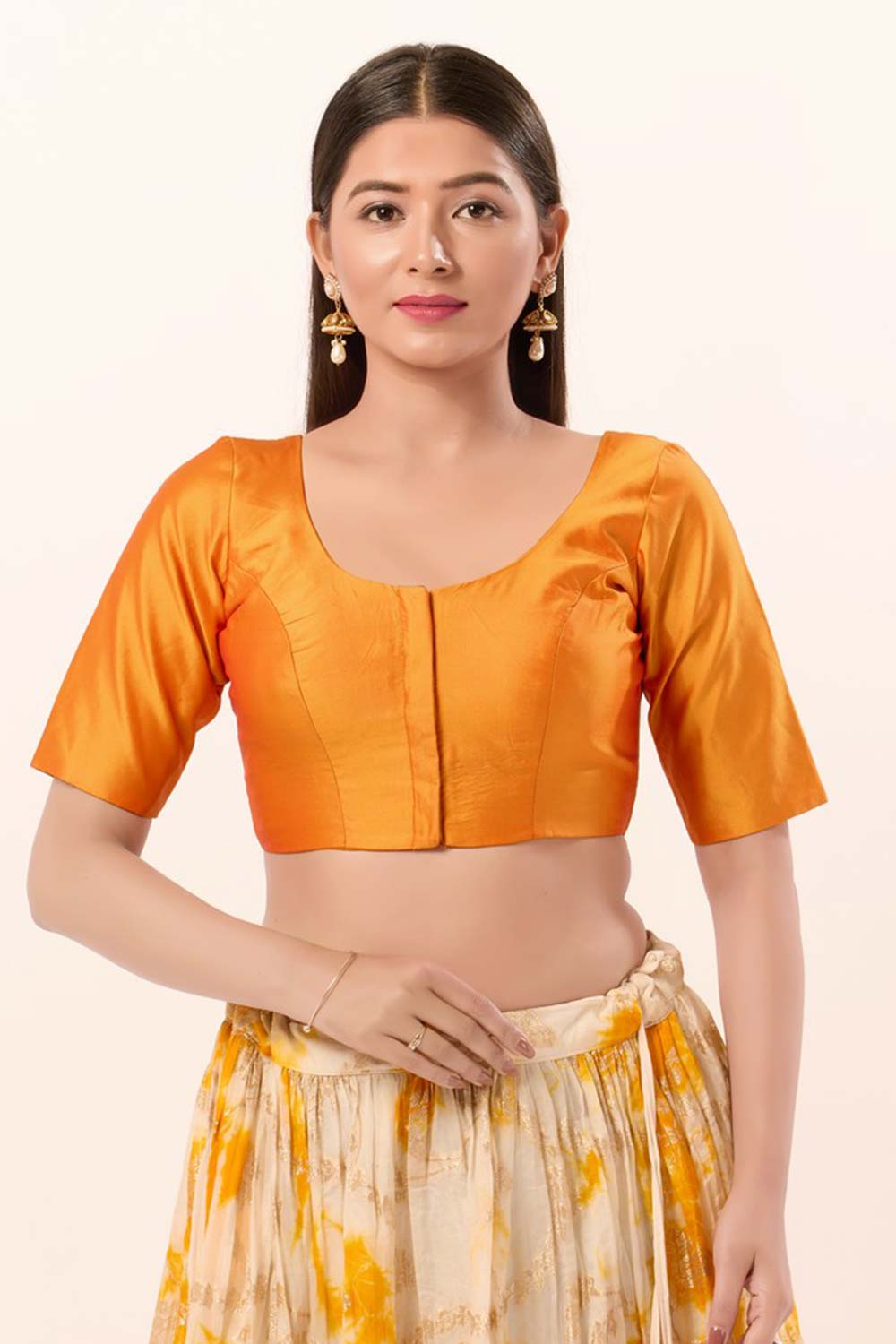 Mustard Brocade Round Neck Elbow Sleeves Blouse