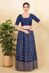 Navy Blue Brocade Woven Elbow Sleeves Blouse