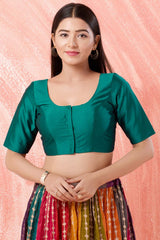 Rama Green Brocade Round Neck Elbow Sleeves Blouse