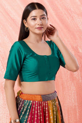 Rama Green Brocade Round Neck Elbow Sleeves Blouse