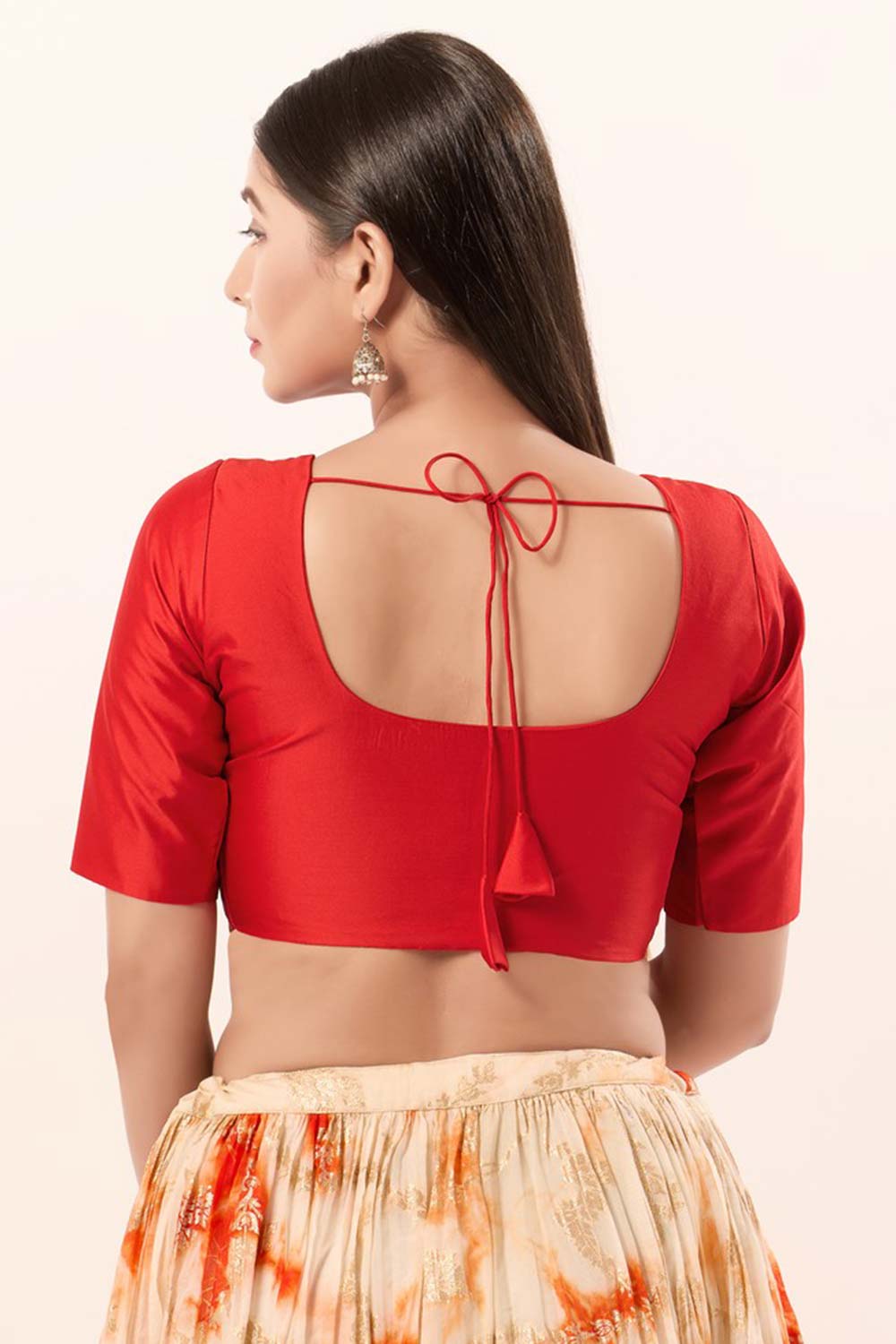 Red Brocade Round Neck Elbow Sleeves Blouse