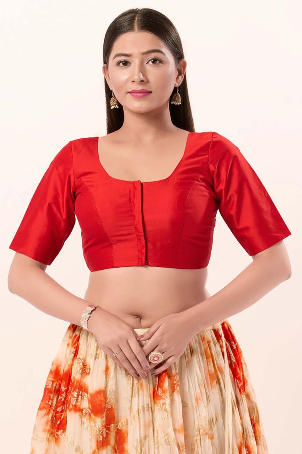 Red Brocade Round Neck Elbow Sleeves Blouse