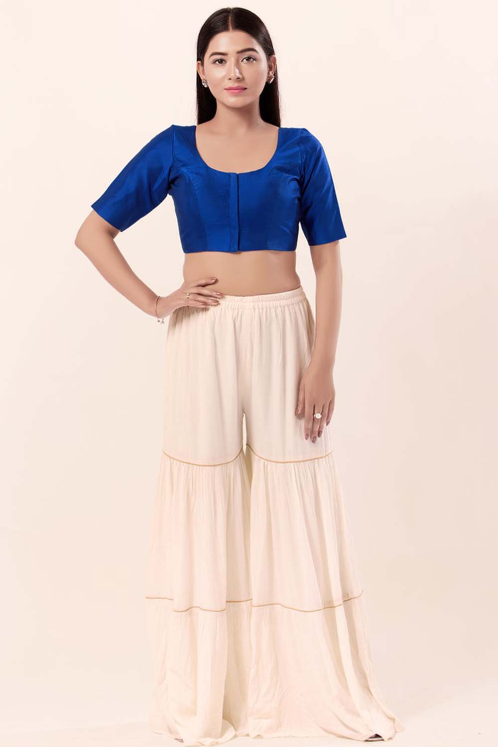 Royal Blue Brocade Round Neck Elbow Sleeves Blouse