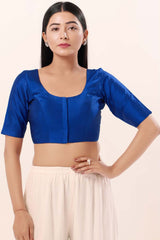 Royal Blue Brocade Round Neck Elbow Sleeves Blouse