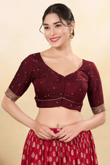 Maroon Silk Woven Elbow Sleeves Blouse