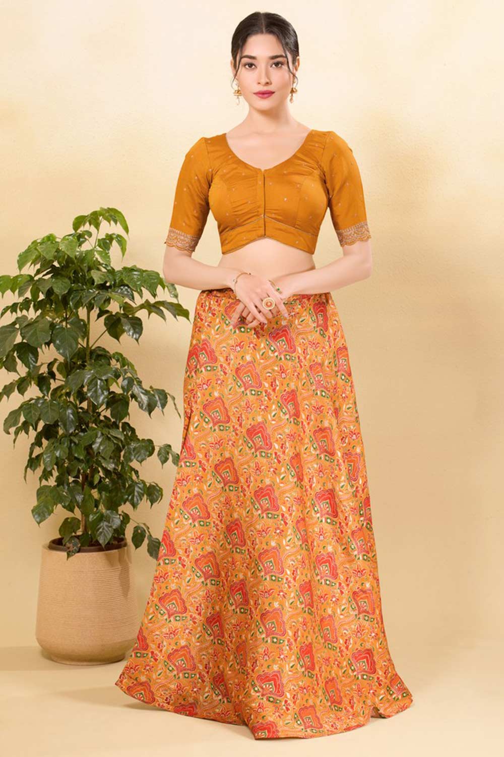 Mustard Silk Woven Elbow Sleeves Blouse