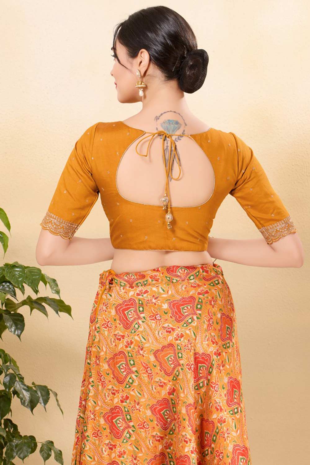 Mustard Silk Woven Elbow Sleeves Blouse