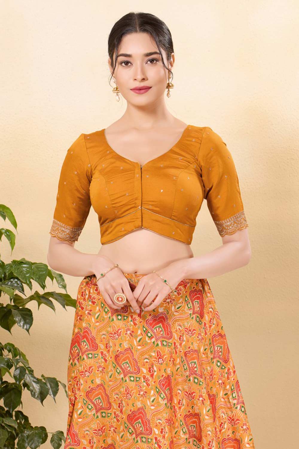 Mustard Silk Woven Elbow Sleeves Blouse