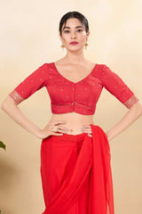 Red Silk Woven Elbow Sleeves Blouse