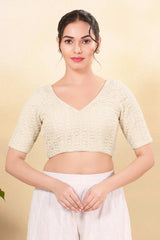 Light Gold Net Woven Elbow Sleeves Blouse