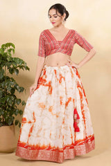 Orange Brocade Woven Elbow Sleeves Blouse