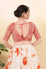 Orange Brocade Woven Elbow Sleeves Blouse