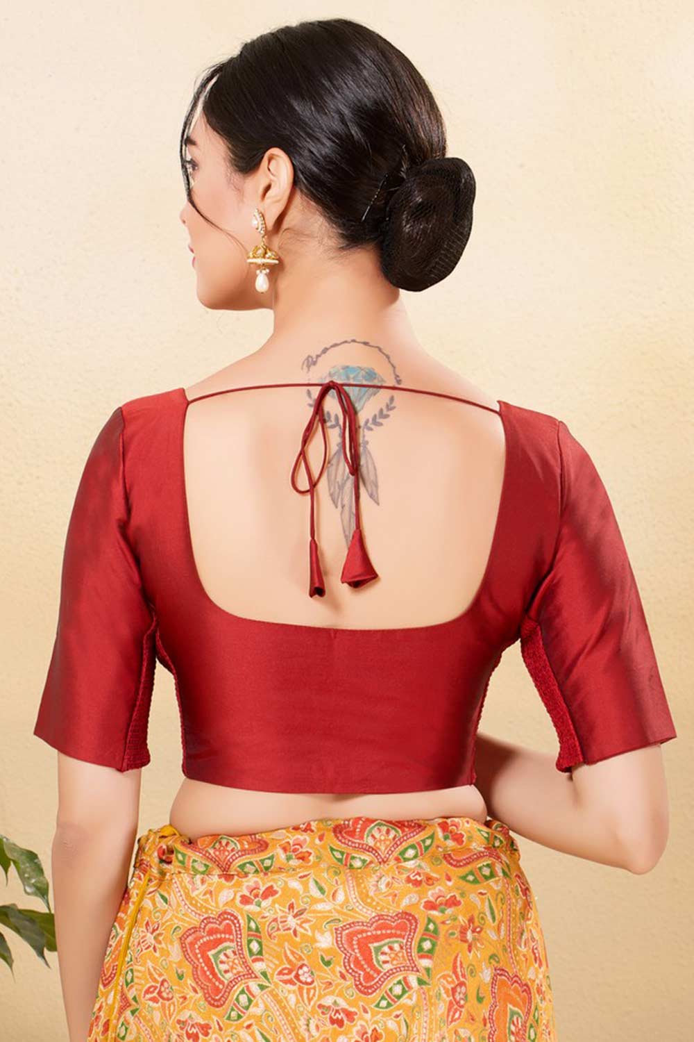 Maroon Taffeta Silk Woven Elbow Sleeves Blouse