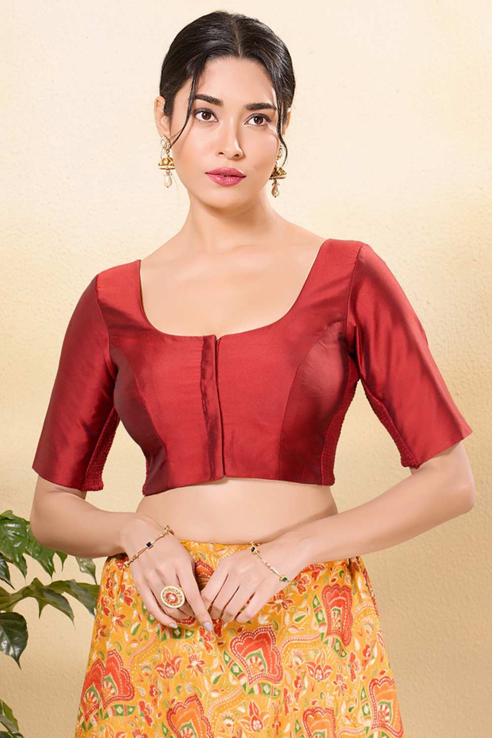 Maroon Taffeta Silk Woven Elbow Sleeves Blouse