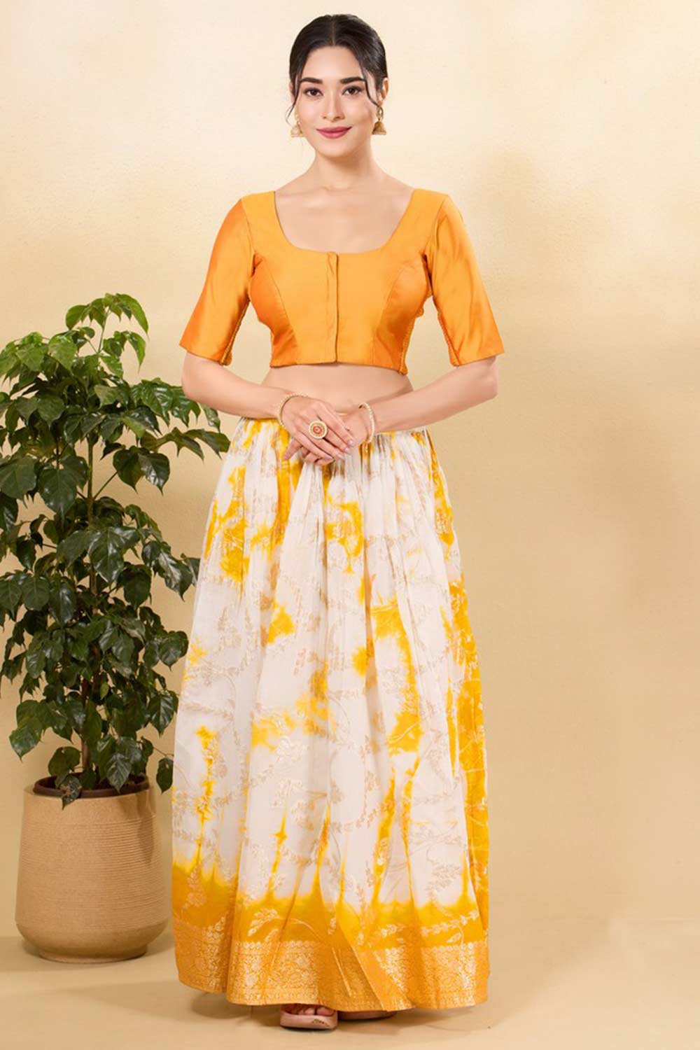 Mustard Taffeta Silk Woven Elbow Sleeves Blouse