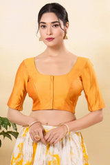 Mustard Taffeta Silk Woven Elbow Sleeves Blouse