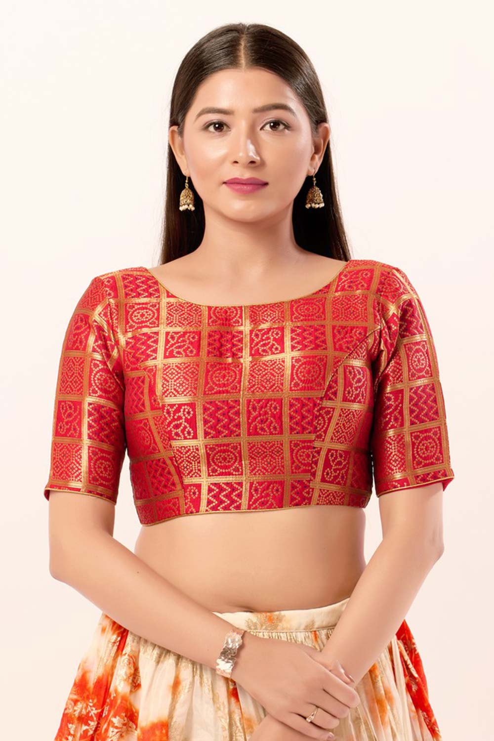 Maroon Brocade Boat Neck Elbow Sleeves Blouse