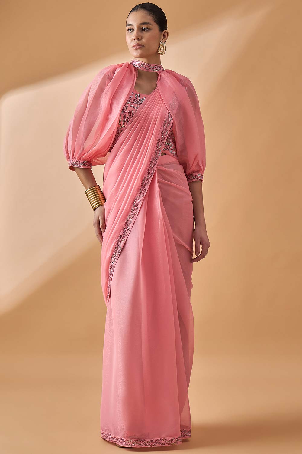 Peach Poly Chiffon Solid Saree