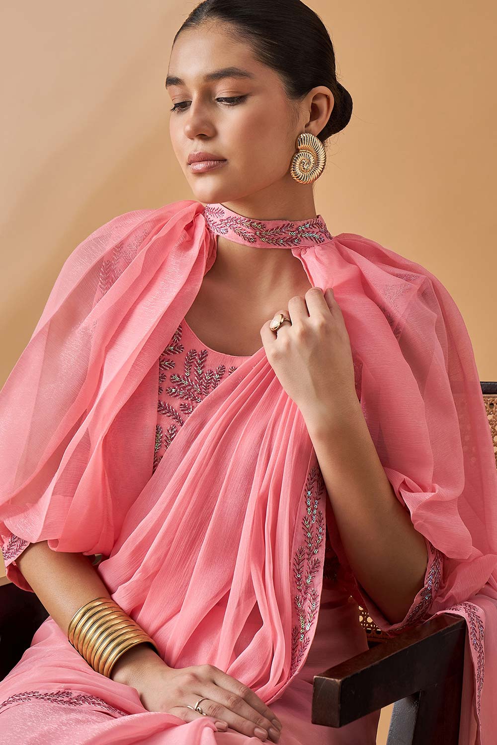 Peach Poly Chiffon Solid Saree