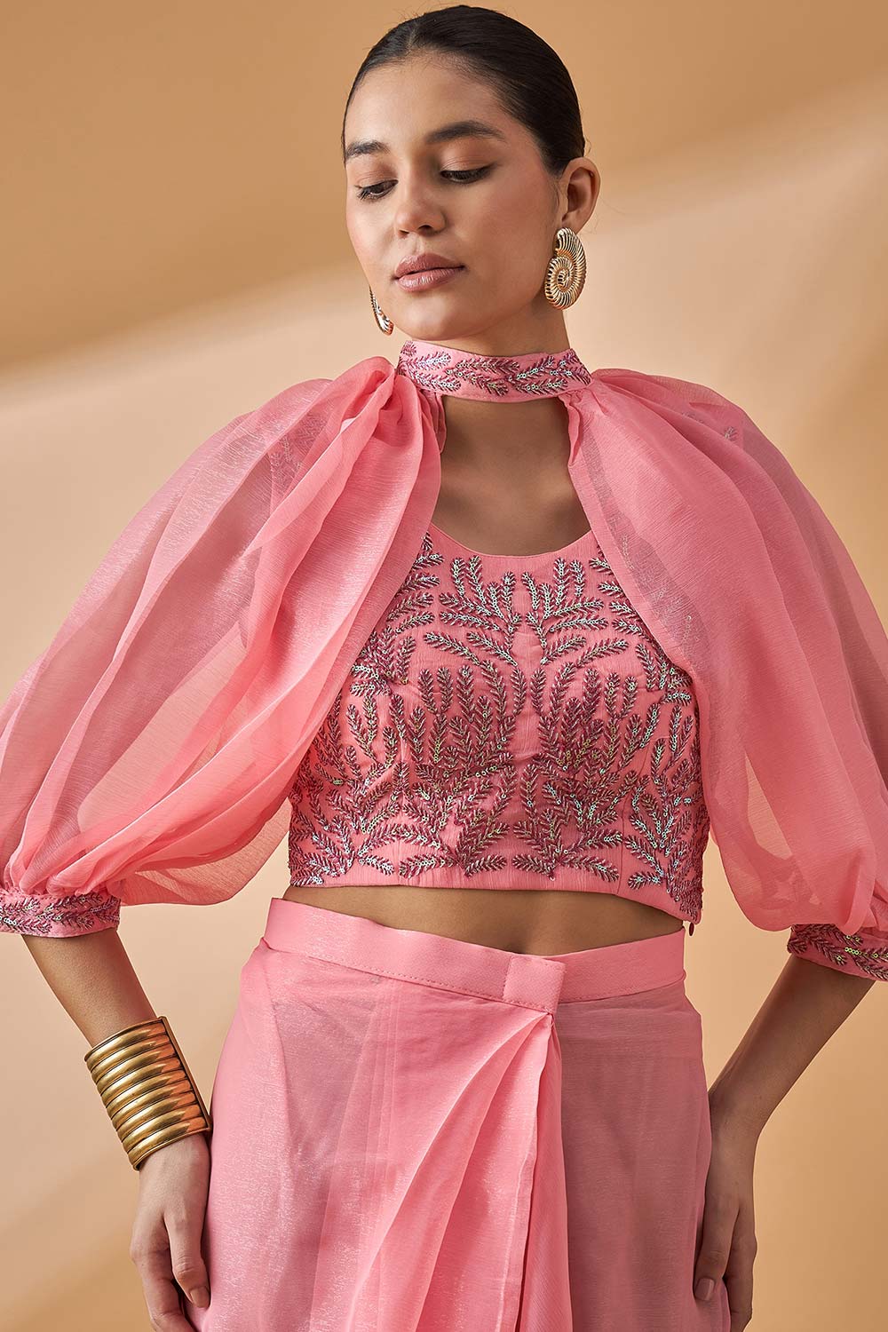 Peach Poly Chiffon Solid Saree