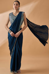 Blue Satin Solid Saree