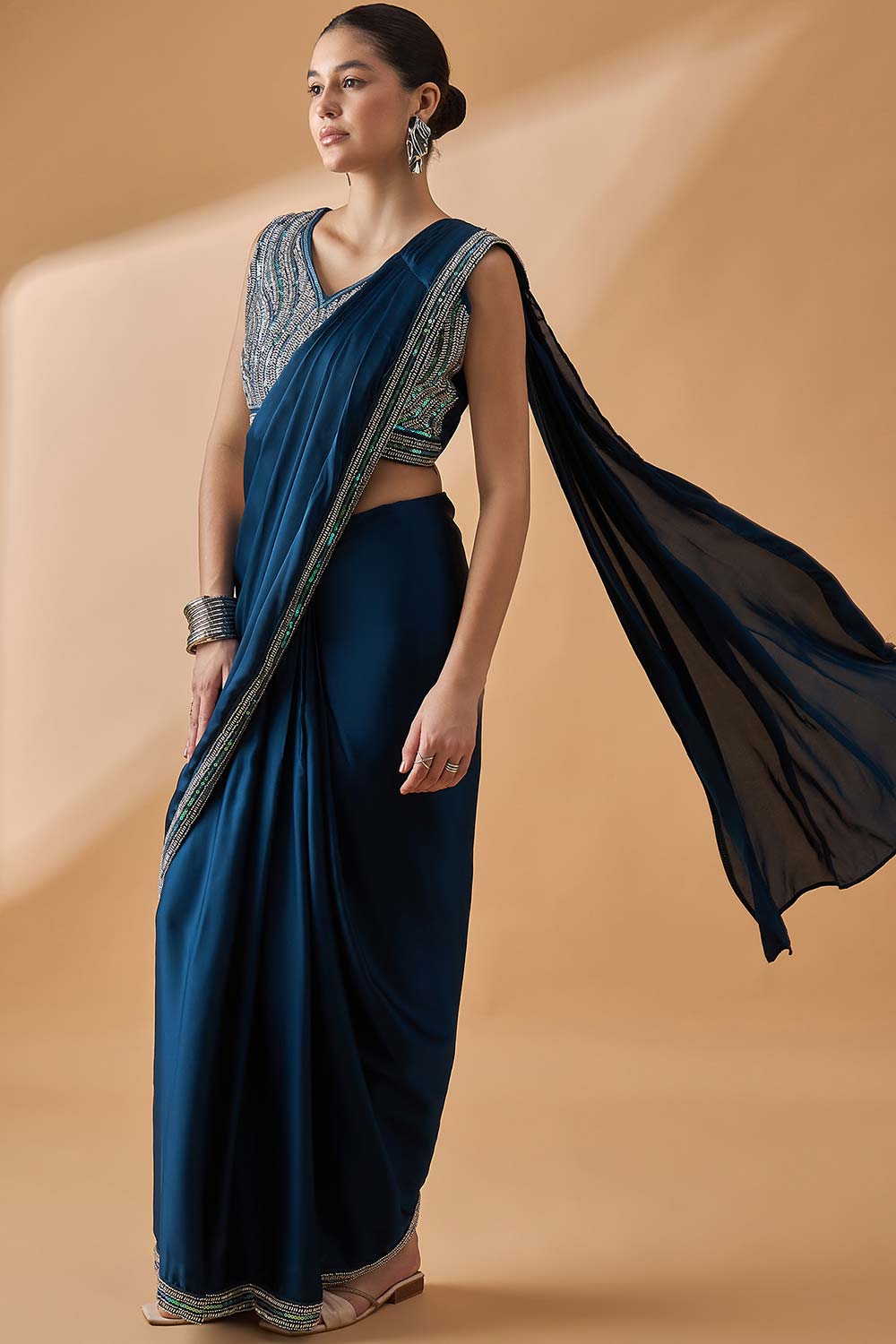 Blue Satin Solid Saree