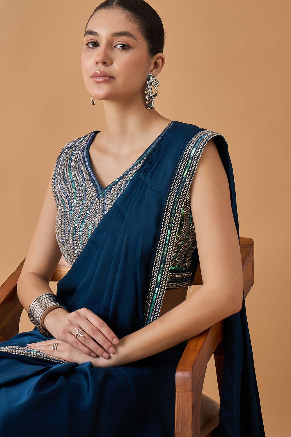 Blue Satin Solid Saree