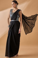 Black Satin Solid Saree