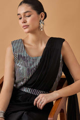 Black Satin Solid Saree