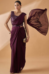 Maroon Satin Solid Saree