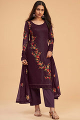 Violet Georgette Embroidered Round Neck Salwar Kameez