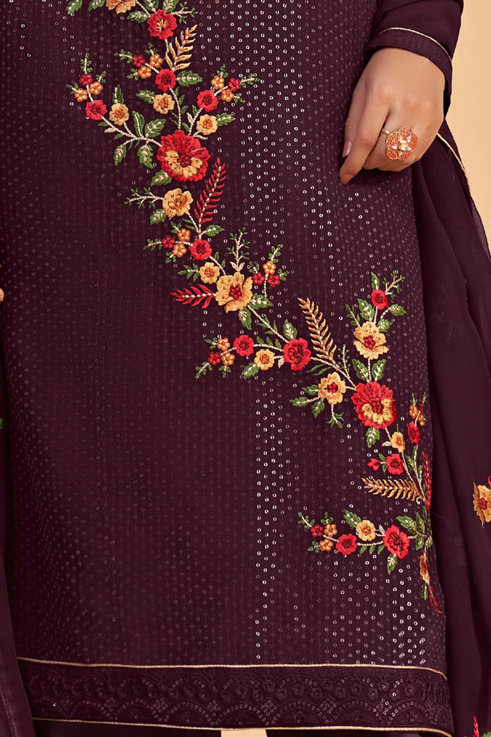 Violet Georgette Embroidered Round Neck Salwar Kameez