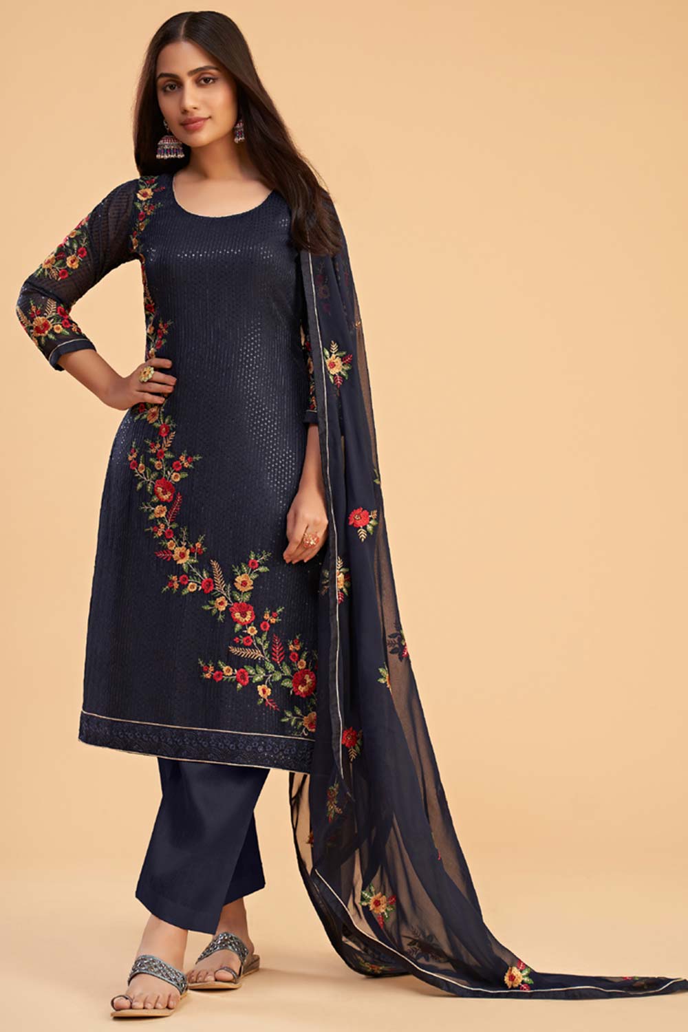 Navy Blue Georgette Embroidered Round Neck Salwar Kameez