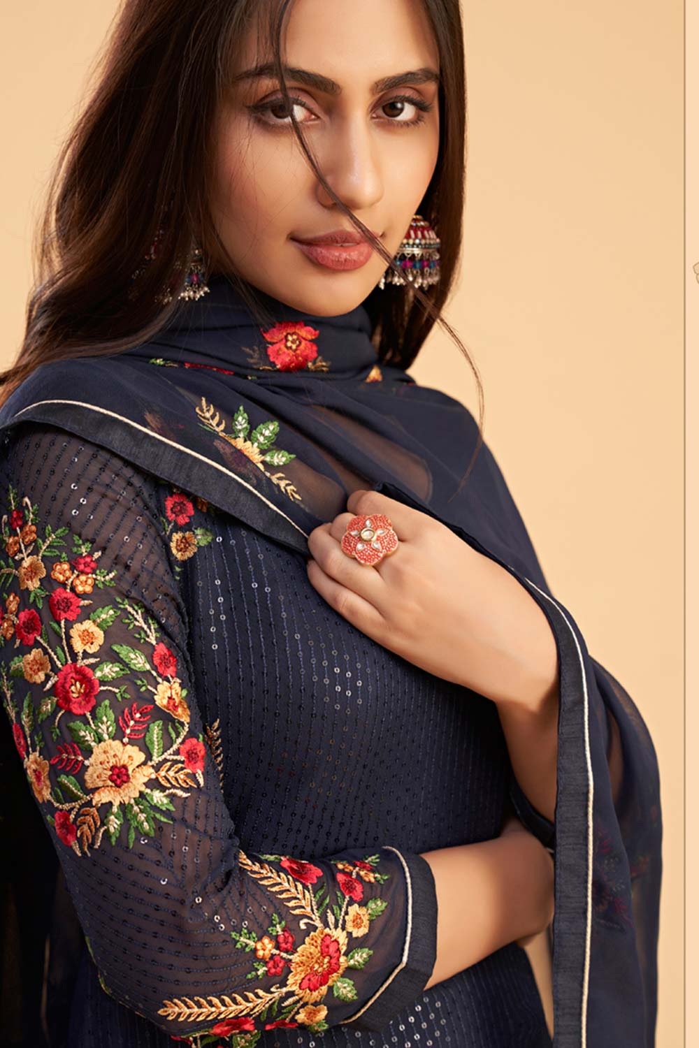 Navy Blue Georgette Embroidered Round Neck Salwar Kameez