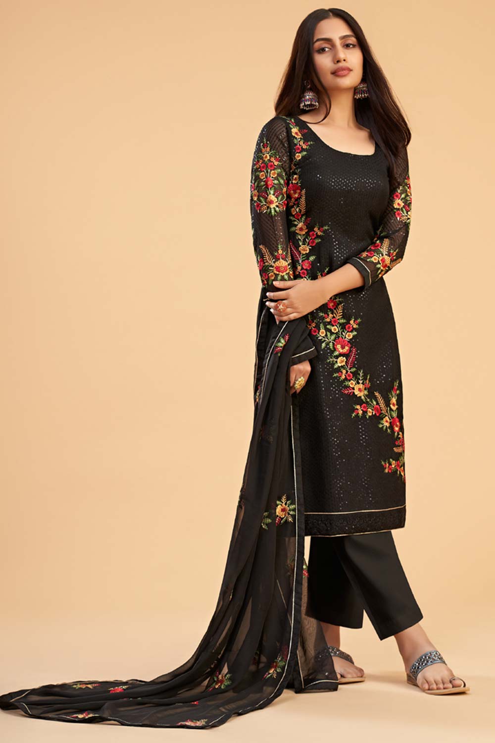 Black Georgette Embroidered Round Neck Salwar Kameez