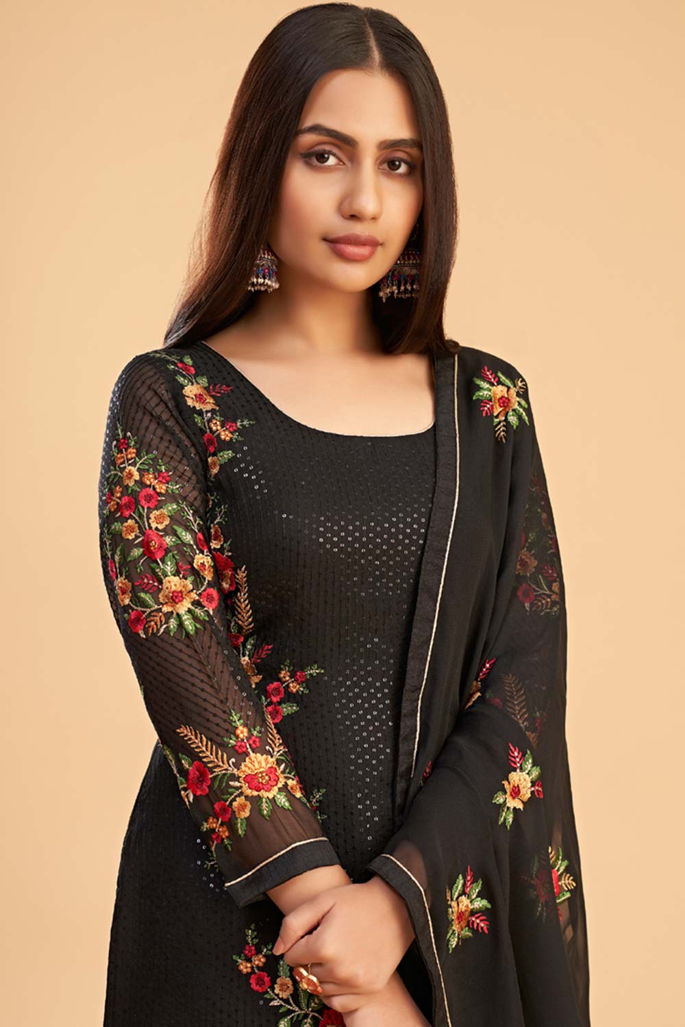 Black Georgette Embroidered Round Neck Salwar Kameez