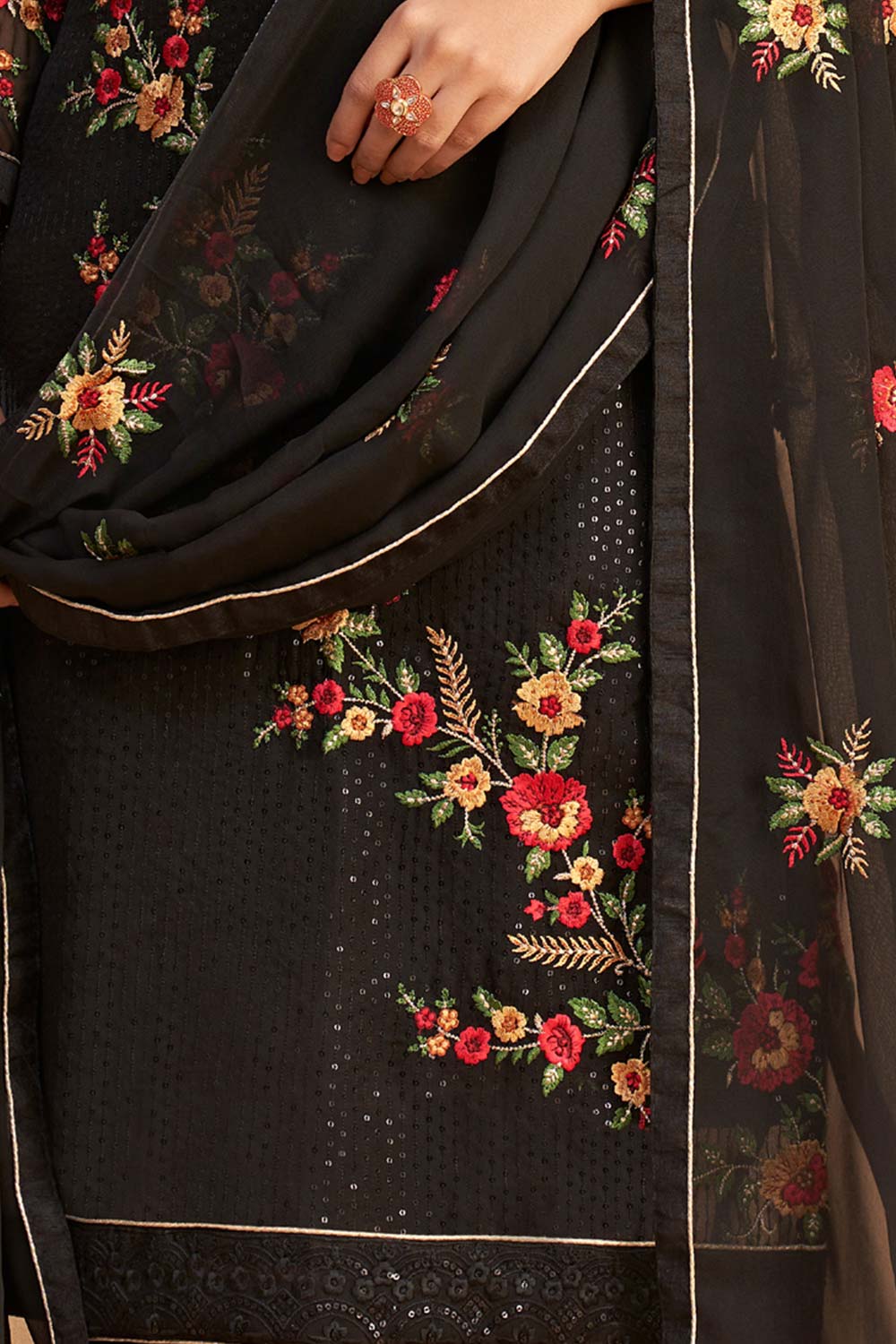 Black Georgette Embroidered Round Neck Salwar Kameez