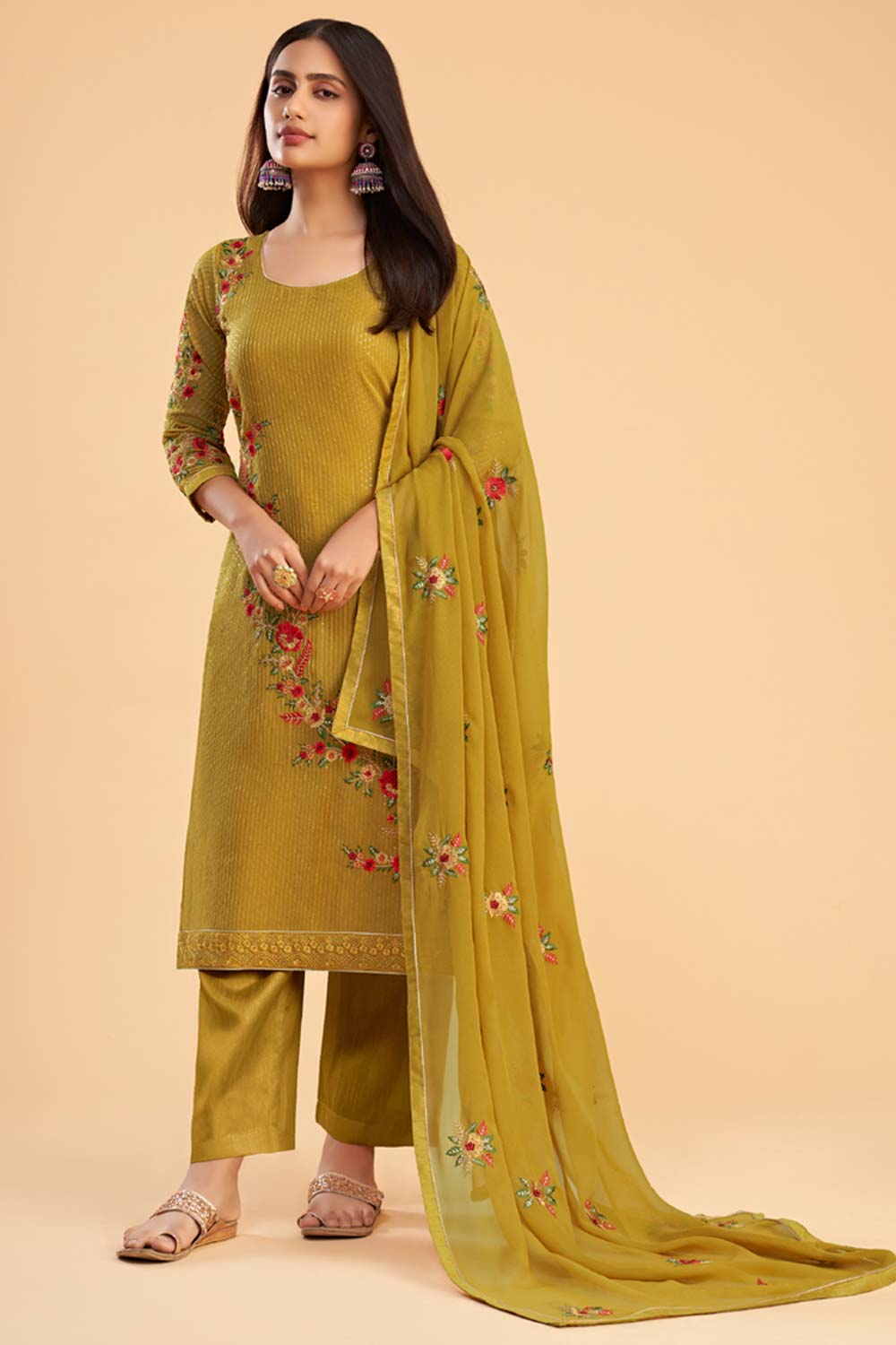 Mustard Georgette Embroidered Round Neck Salwar Kameez