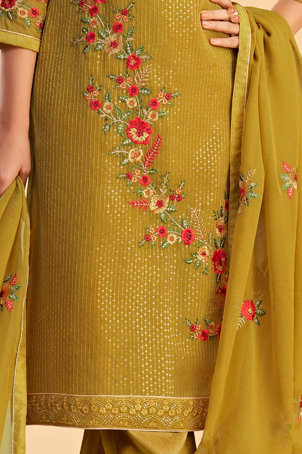 Mustard Georgette Embroidered Round Neck Salwar Kameez