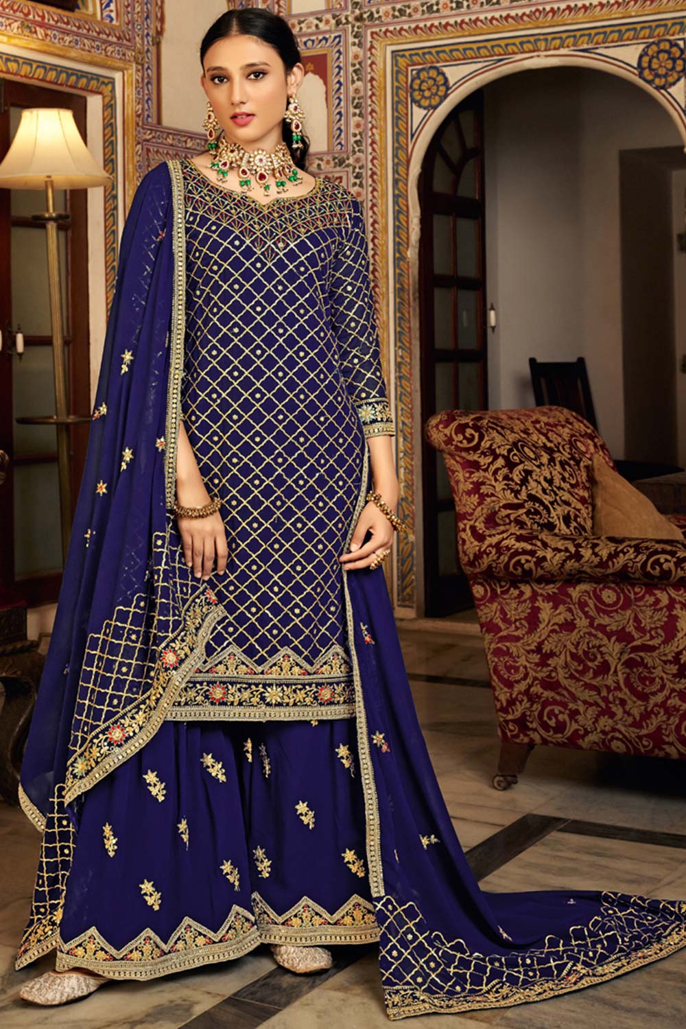 Blue Georgette Embroidered Round Neck Pakistani Salwar Kameez