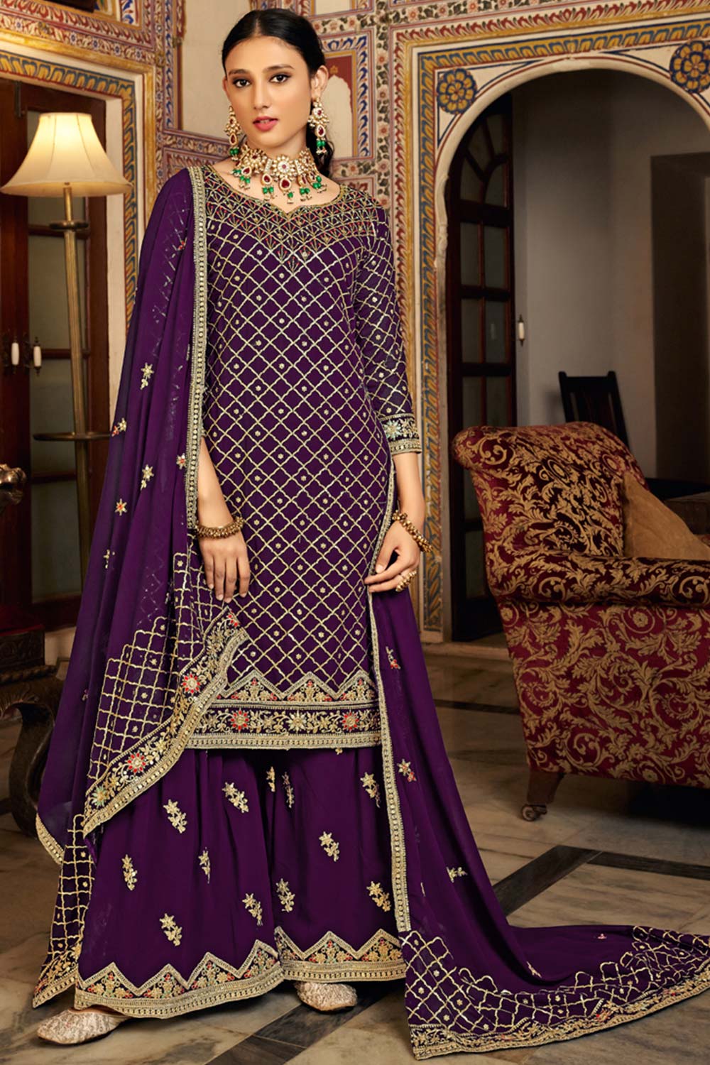 Purple Georgette Embroidered Round Neck Pakistani Salwar Kameez