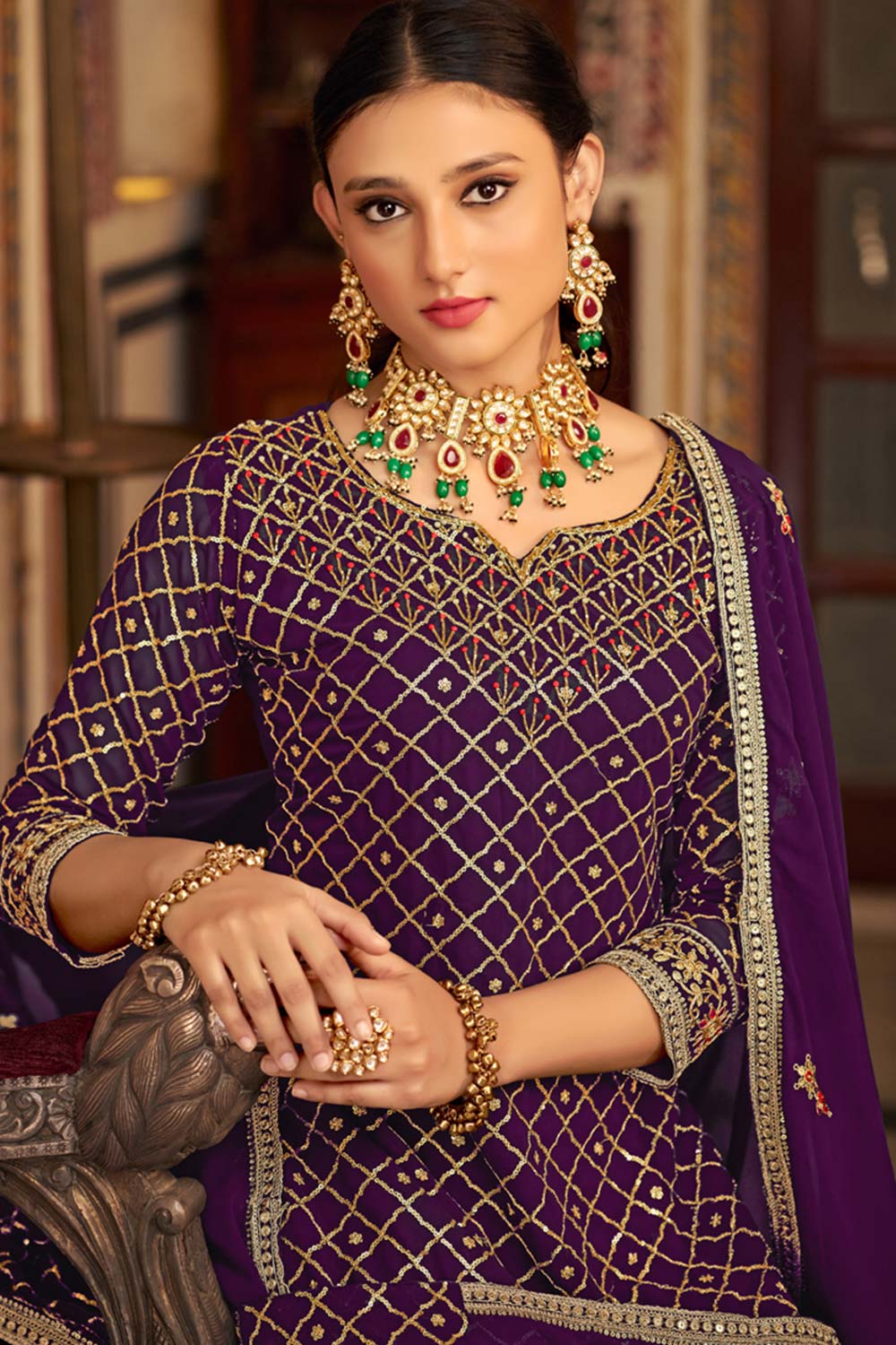 Purple Georgette Embroidered Round Neck Pakistani Salwar Kameez